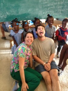 Karen and Clark with school kids at mobile clinic