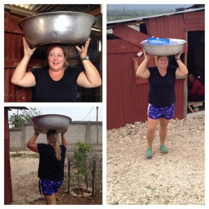 Kelly practicing her head-balancing skills while taking plates to the pastors' conference